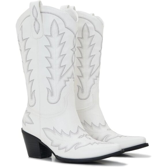 ⚡Women White Faux Leather Wood Grain Embroidered Chunky Heel  Cowgirl Boots - Picture 1 of 9